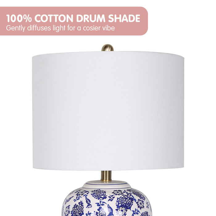 Table Lamp Ceramic Floral Base Cotton Drum Shade