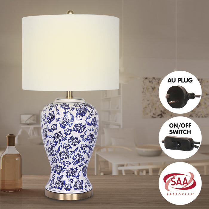 Table Lamp Ceramic Floral Base Cotton Drum Shade