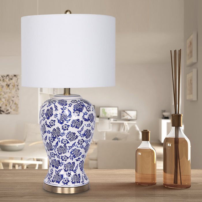 Table Lamp Ceramic Floral Base Cotton Drum Shade