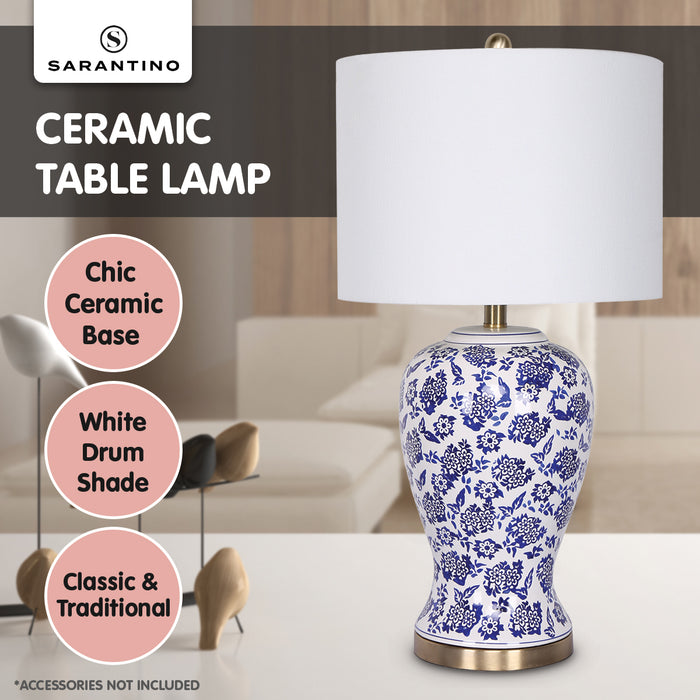 Table Lamp Ceramic Floral Base Cotton Drum Shade