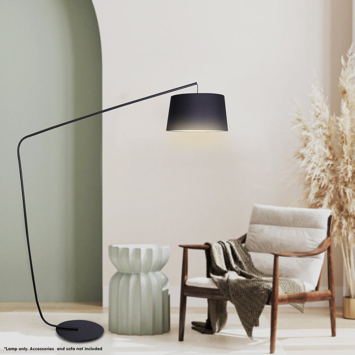 Metal Arc Floor Lamp in Black Finish with Linen Taper Shade