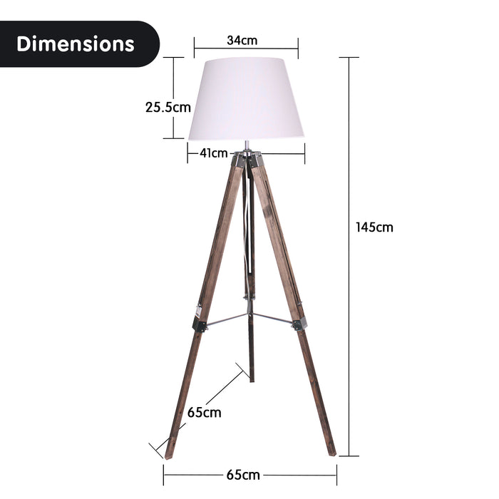 Solid Wood Tripod Floor Lamp Adjustable Height White Shade