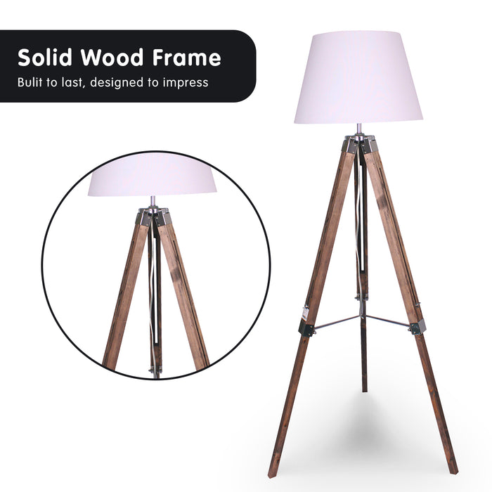 Solid Wood Tripod Floor Lamp Adjustable Height White Shade