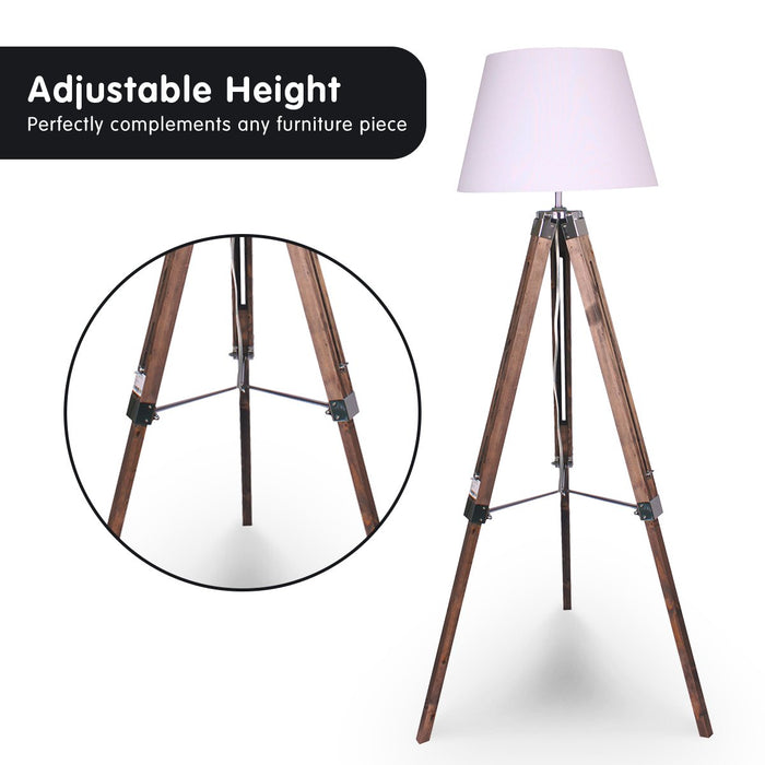 Solid Wood Tripod Floor Lamp Adjustable Height White Shade