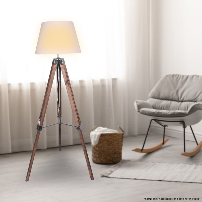 Solid Wood Tripod Floor Lamp Adjustable Height White Shade