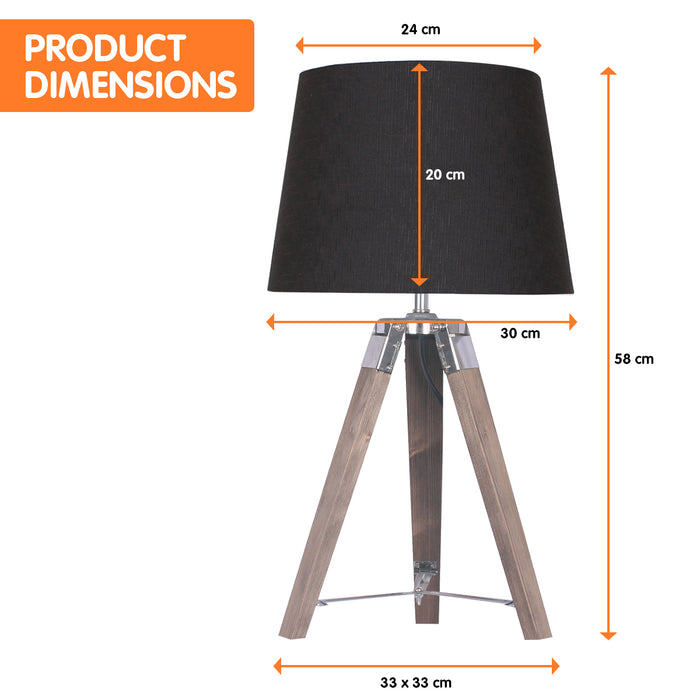 Wooden Tripod Table Lamp With Black Taper Fabric Shade