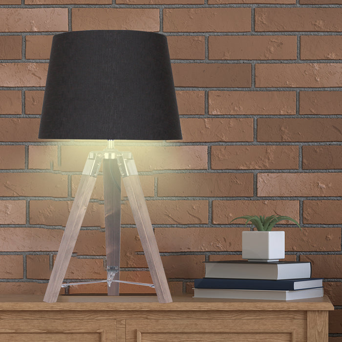 Wooden Tripod Table Lamp With Black Taper Fabric Shade