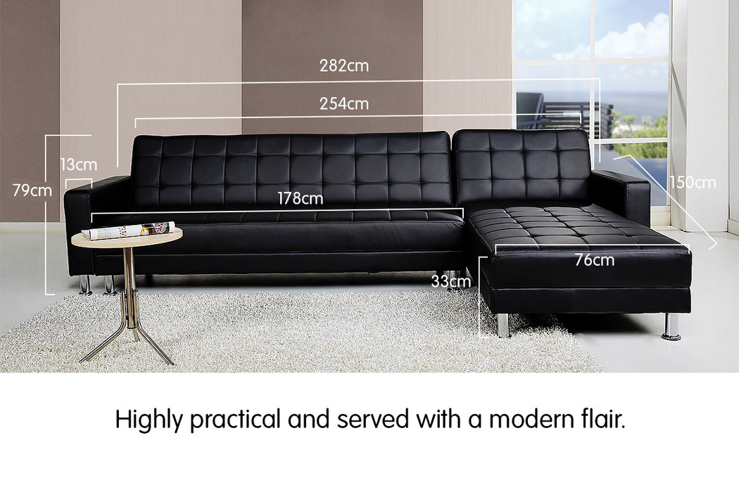 Corner Faux Leather Sofa Bed Couch with Chaise - Black