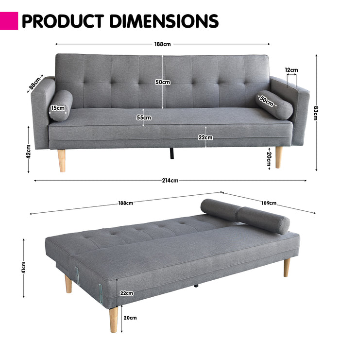 Madison Sofa Bed Lounge Couch Futon Furniture Home Light Grey Linen Suite