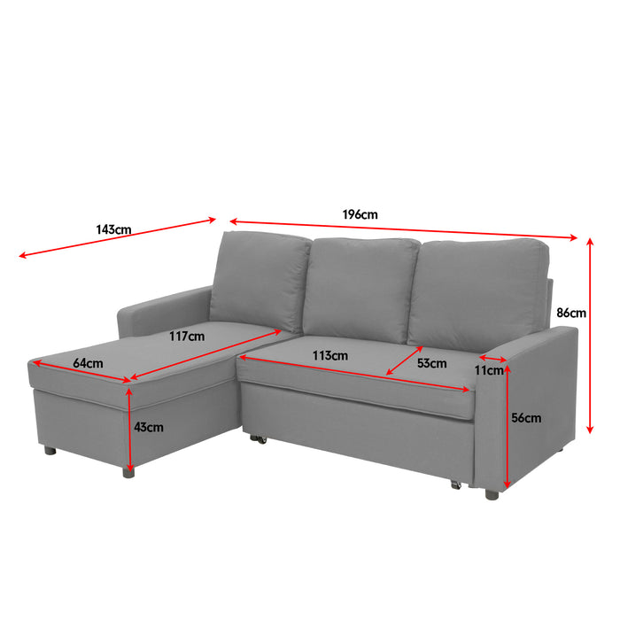 3-seater Corner Sofa Bed With Storage Lounge Chaise Couch - Light Grey