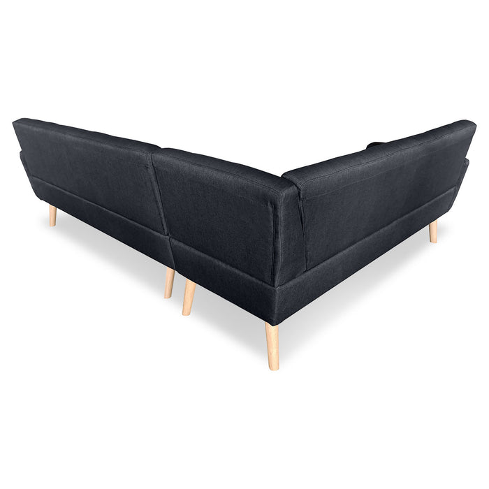 Faux Linen Corner Wooden Sofa Lounge L-shaped with Chaise - Black