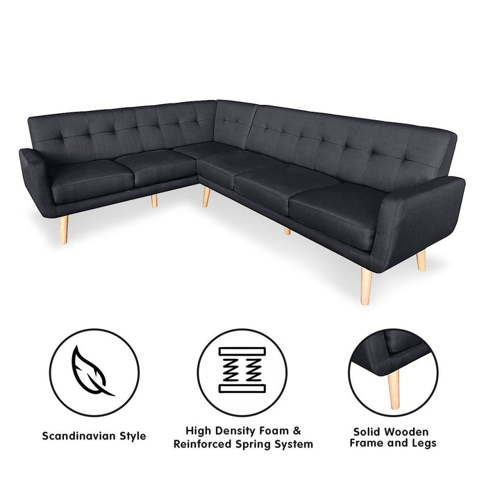 Faux Linen Corner Wooden Sofa Futon Lounge L-shaped with Chaise - Black