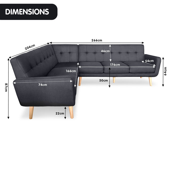 Faux Linen Corner Wooden Sofa Futon Lounge L-shaped with Chaise - Black