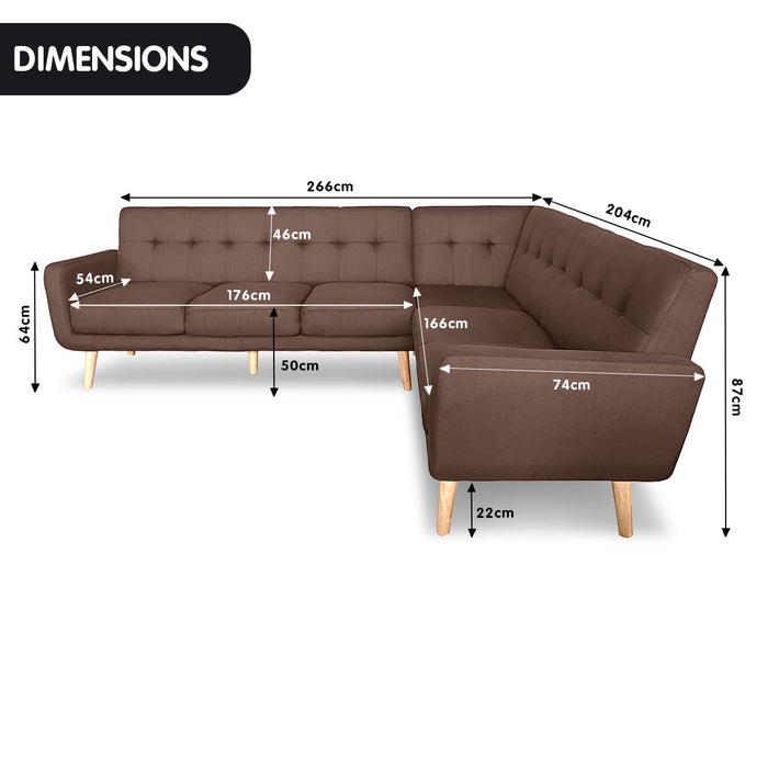 Faux Linen Corner Wooden Sofa Lounge L-shaped with Chaise - Brown