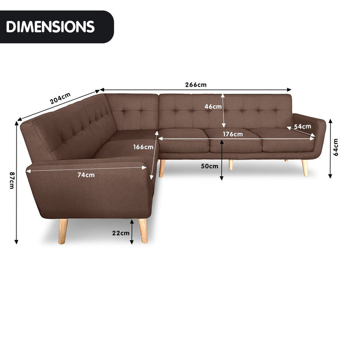 Faux Linen Corner Wooden Sofa Lounge L-shaped Futon with Chaise - Brown