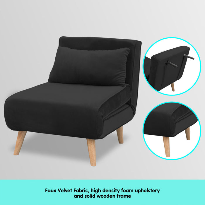 Adjustable Chair Single Sofa Bed Faux Velvet - Black