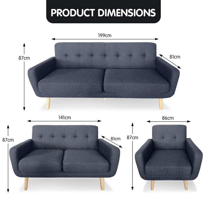 6-Seater Linen Sofa Set Couch Futon - Dark Grey