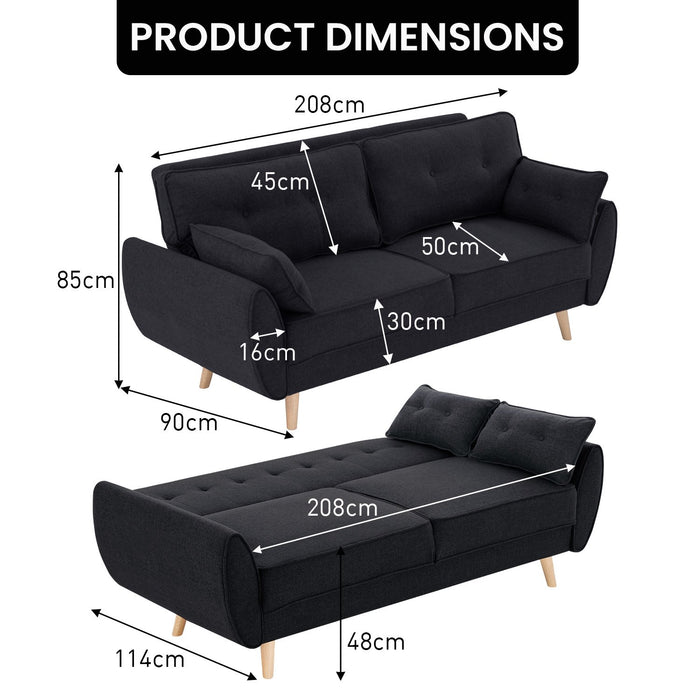 3 Seater Modular Linen Fabric Sofa Bed Couch Futon Suite - Black