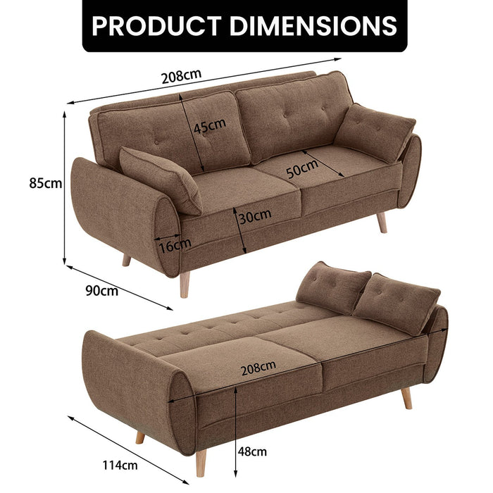 3 Seater Modular Linen Fabric Sofa Bed Couch Futon Suite - Brown