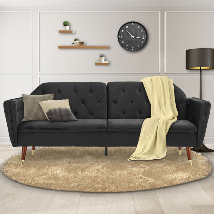 Faux Velvet Tufted Sofa Bed Couch Futon - Black