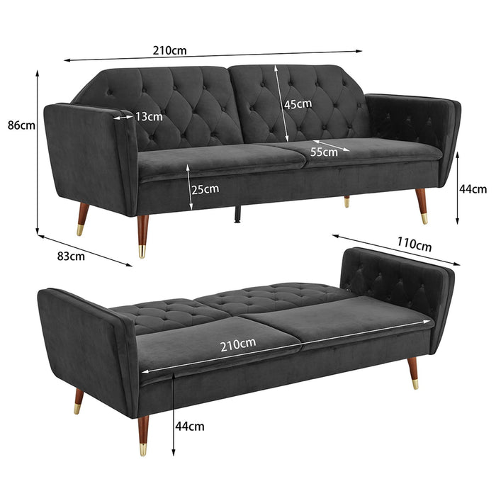 Faux Velvet Tufted Sofa Bed Couch Futon - Black