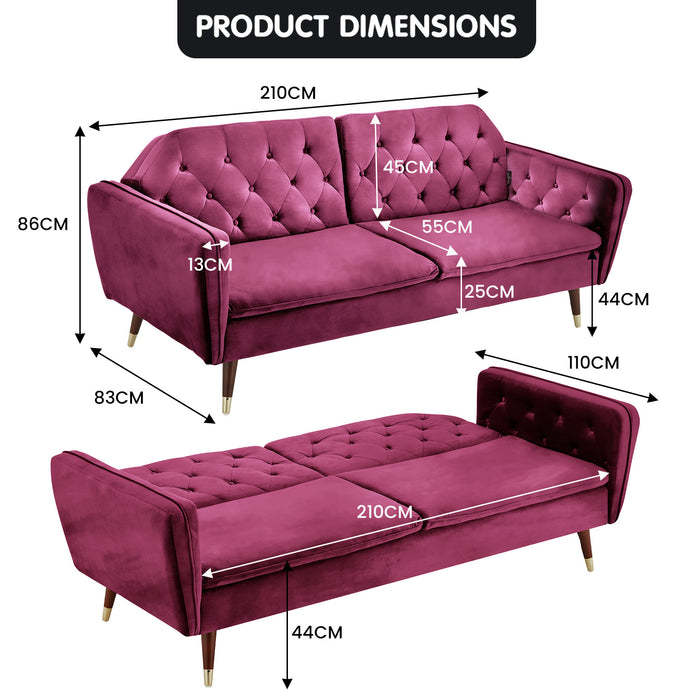 Faux Velvet Tufted Sofa Bed Couch Futon - Burgundy