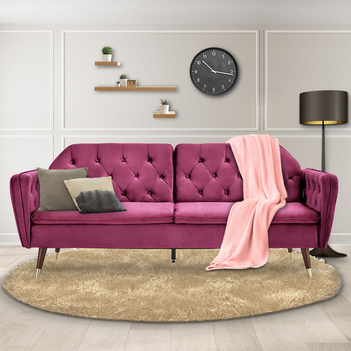 Faux Velvet Tufted Sofa Bed Couch Futon - Burgundy