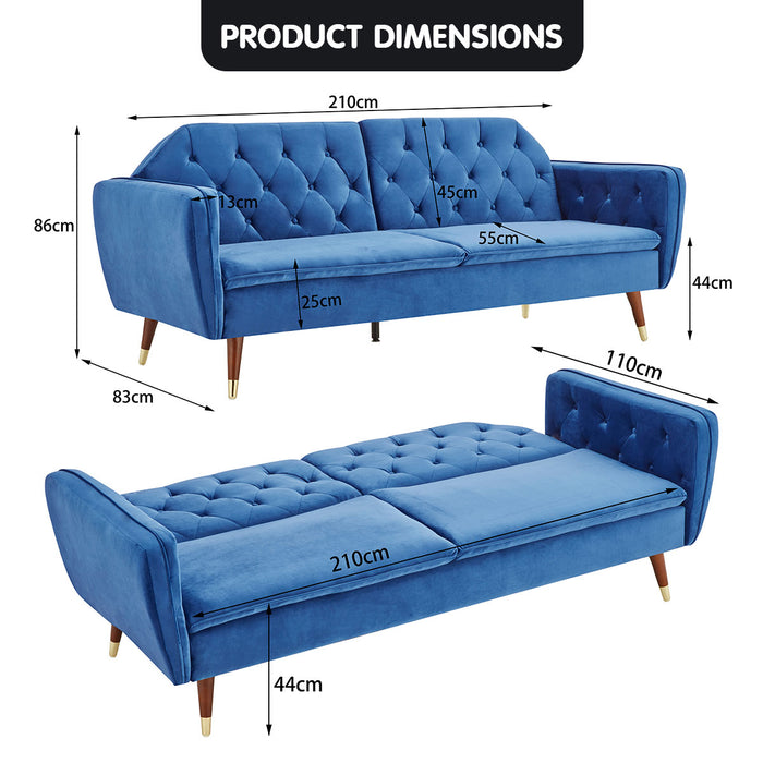 Faux Velvet Sofa Bed Couch Furniture Lounge Suite Futon Blue