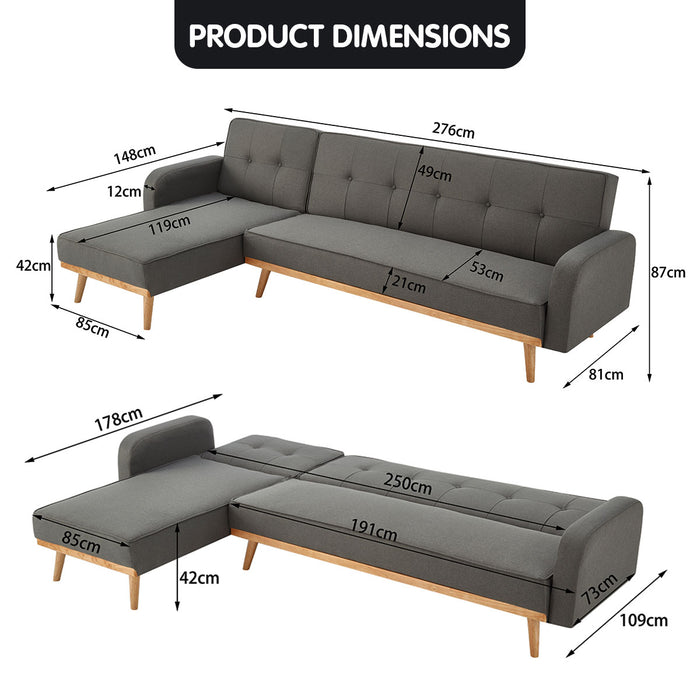 3-Seater Corner Sofa Bed with Chaise Lounge - Dark Grey