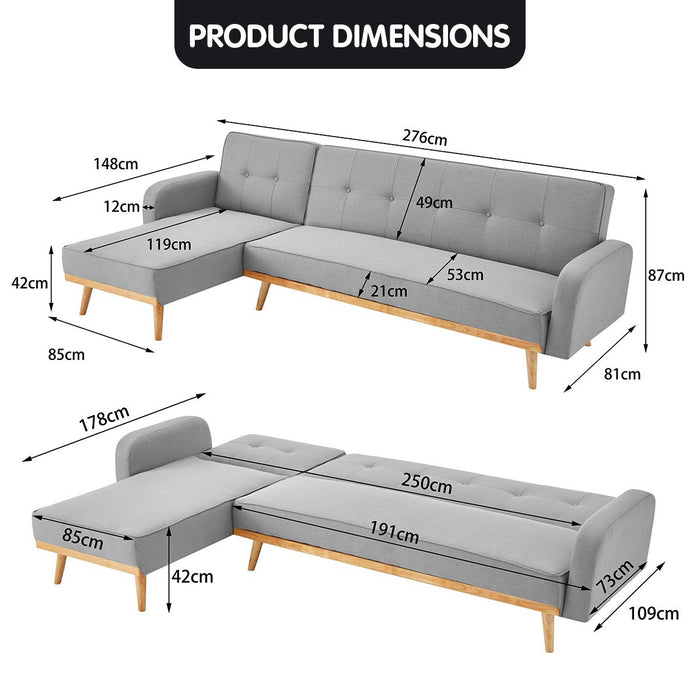 3-Seater Corner Sofa Bed with Chaise Lounge - Light Grey