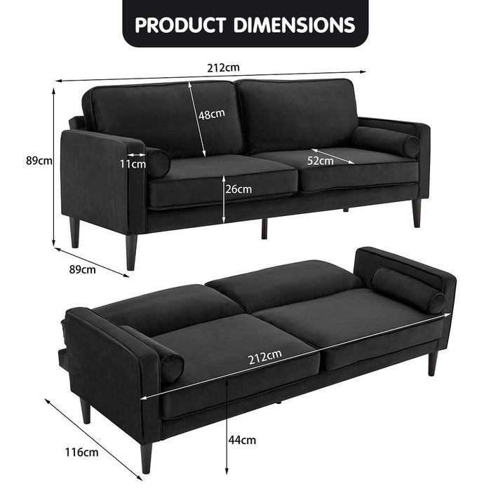 Faux Velvet Sofa Bed Couch Furniture Lounge Suite - Black