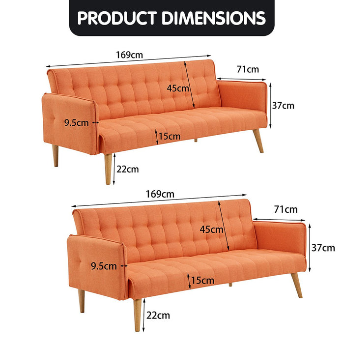 3 Seater Modular Linen Fabric Sofa Bed Couch Armrest Orange