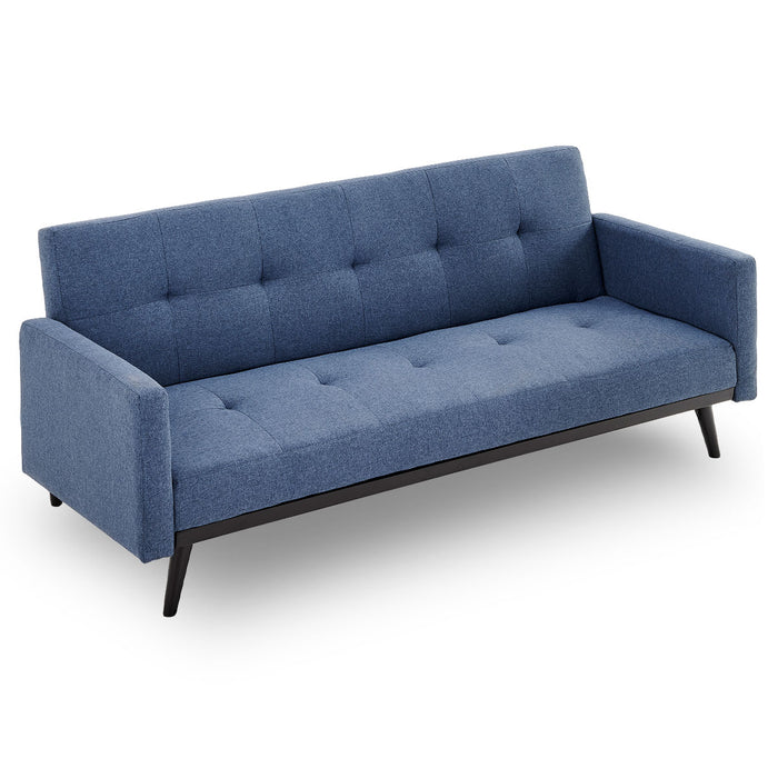 Tufted Faux Linen 3-Seater Sofa Bed with Armrests - Blue