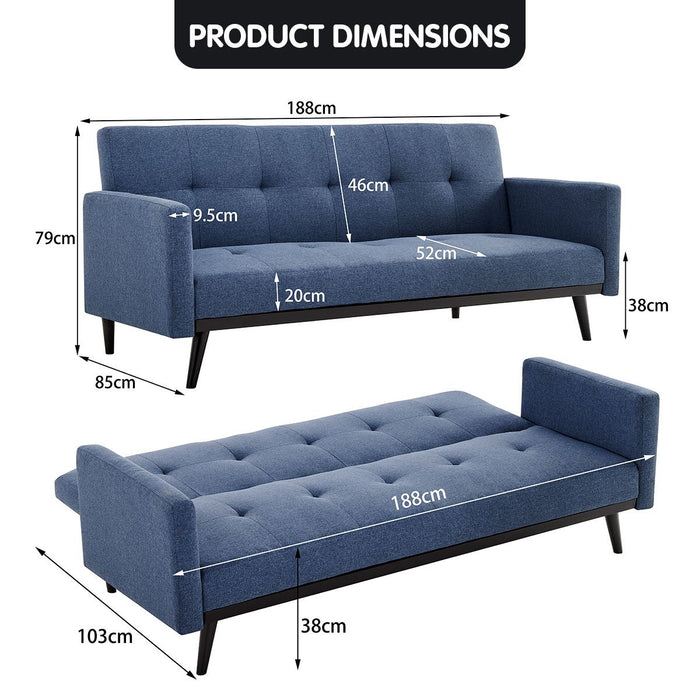 Tufted Faux Linen 3-Seater Sofa Bed with Armrests - Blue