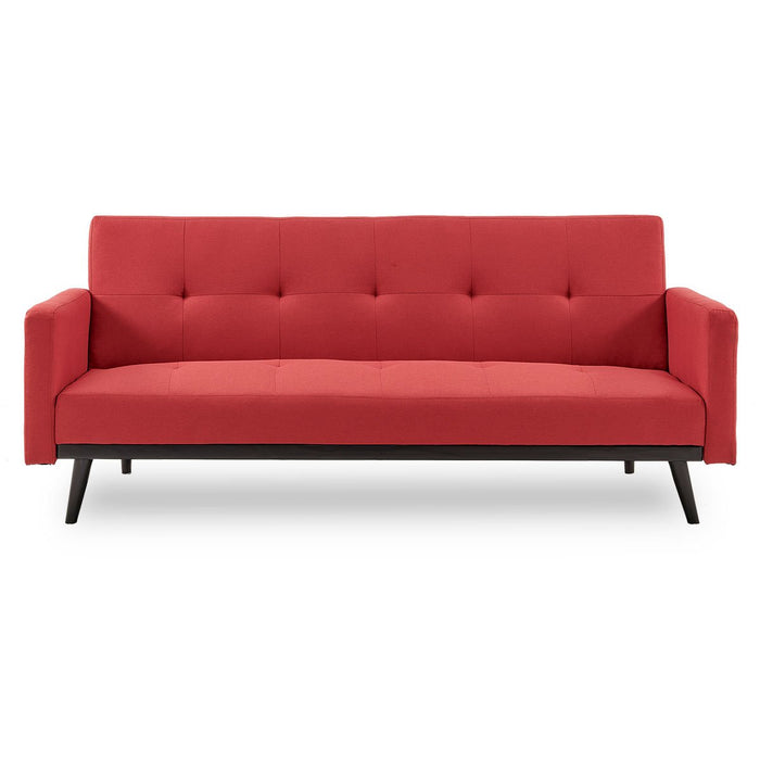 Tufted Faux Linen 3-Seater Sofa Bed with Armrests - Red