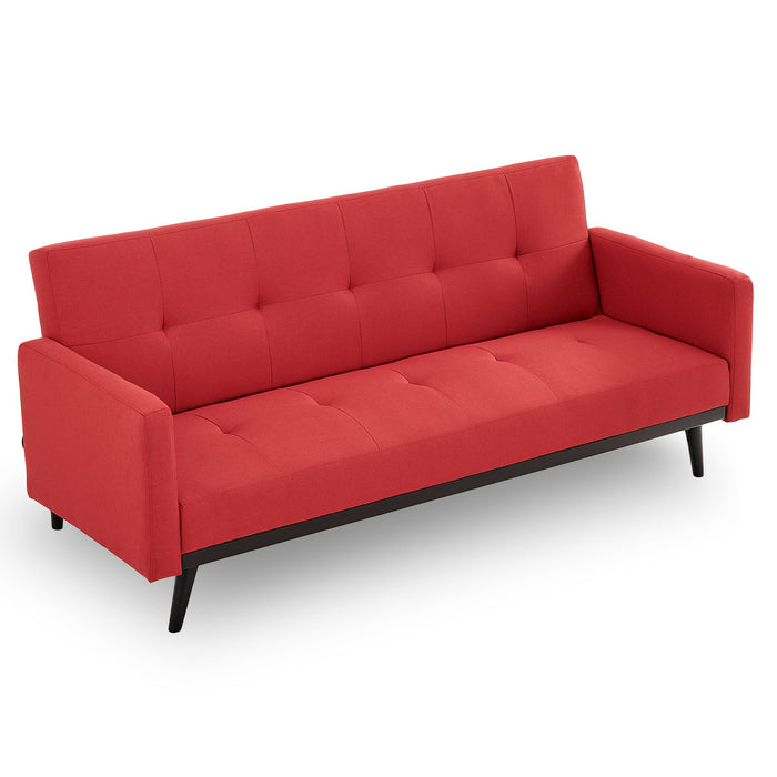 Tufted Faux Linen 3-Seater Sofa Bed with Armrests - Red