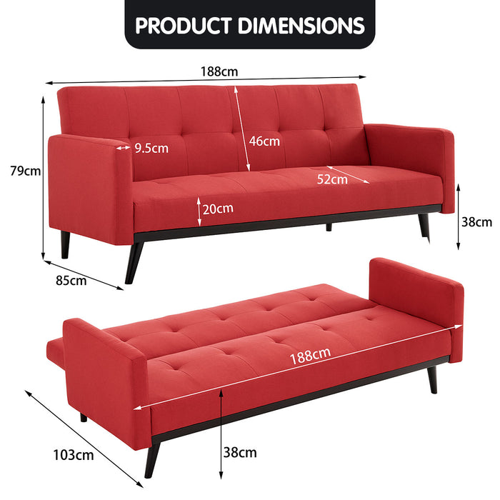 Tufted Faux Linen 3-Seater Sofa Bed with Armrests - Red