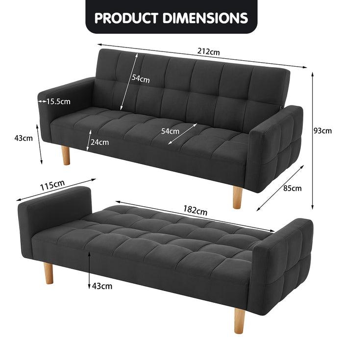 3-Seater Fabric Sofa Bed Futon - Black