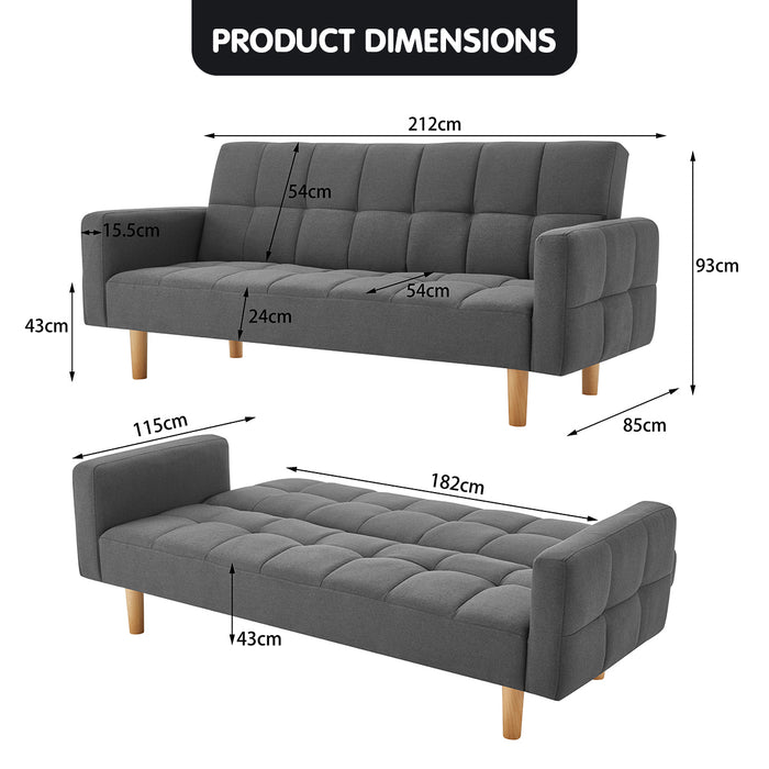 3-Seater Fabric Sofa Bed Futon - Dark Grey