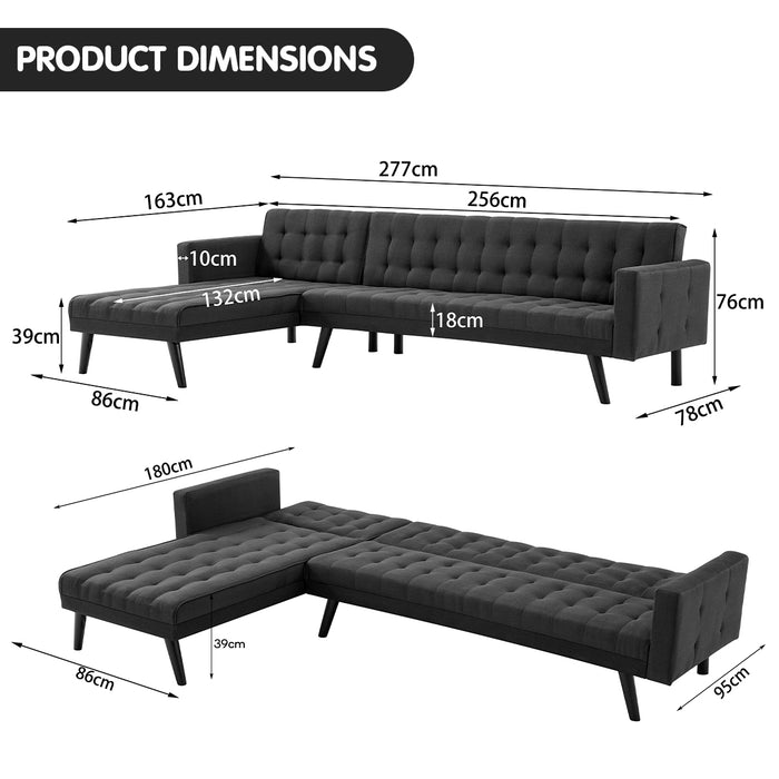 3-Seater Corner Wooden Sofa Bed Lounge Chaise Sofa Black