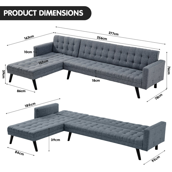 3-Seater Corner Wooden Sofa Bed Lounge Chaise Sofa  Grey