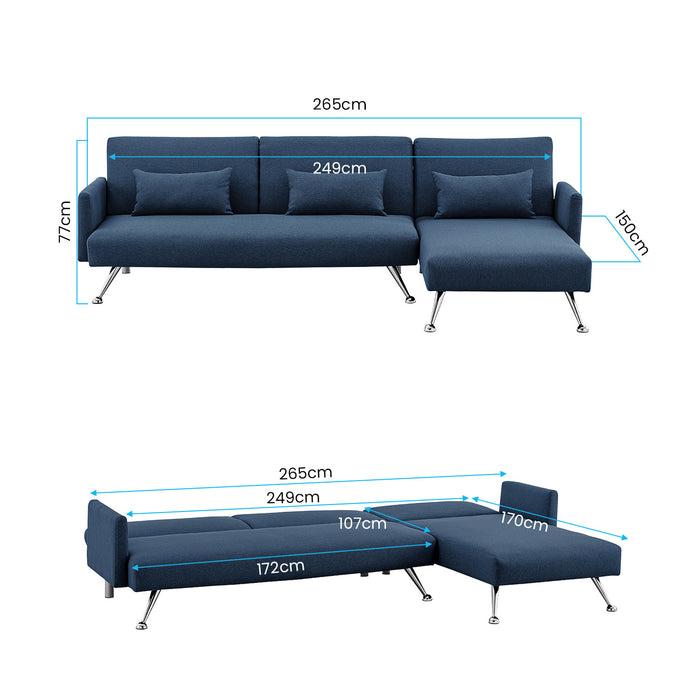 Mia 3-Seater Sofa Bed with Chaise & 3 Pillows - Blue