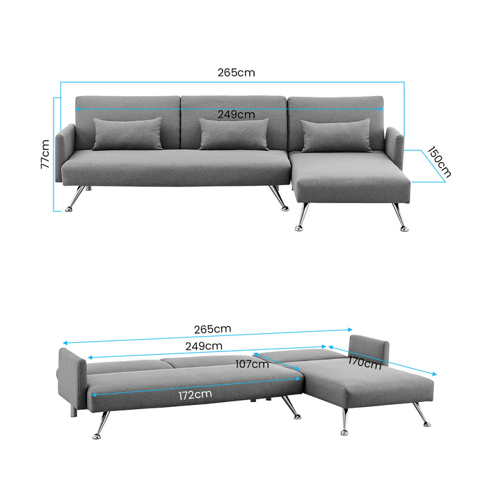 Mia 3-Seater Corner Sofa Bed Chaise and Pillows Dark Grey