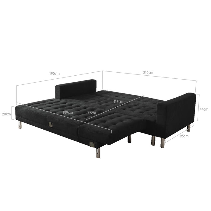 Faux Velveteen Corner Wooden Sofa Bed Couch with Chaise Black