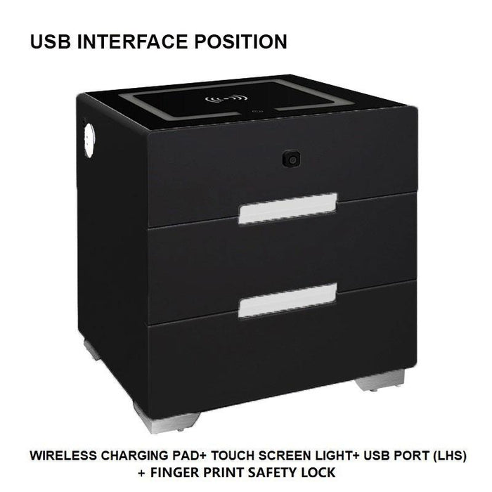 Smart Bedside Tables Finger Print Lock Side 3 Drawers Wireless Charging USB Nightstand LED  AU