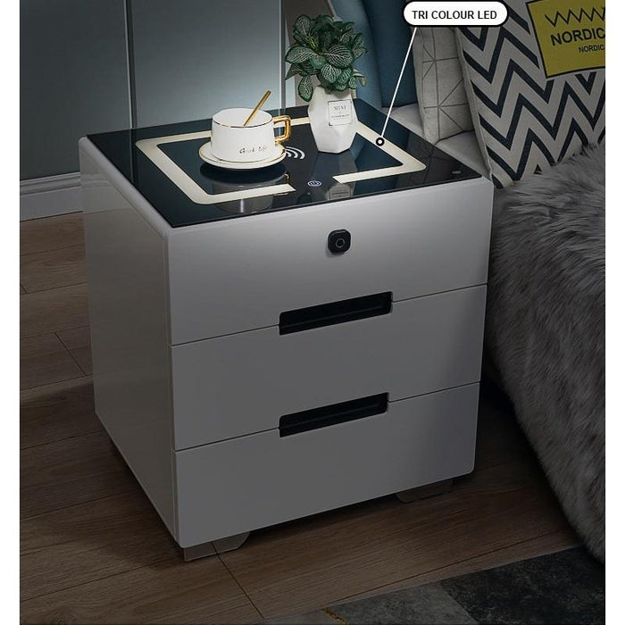 Smart Bedside Tables Finger Print Lock Side 3 Drawers Wireless Charging USB Nightstand LED  AU