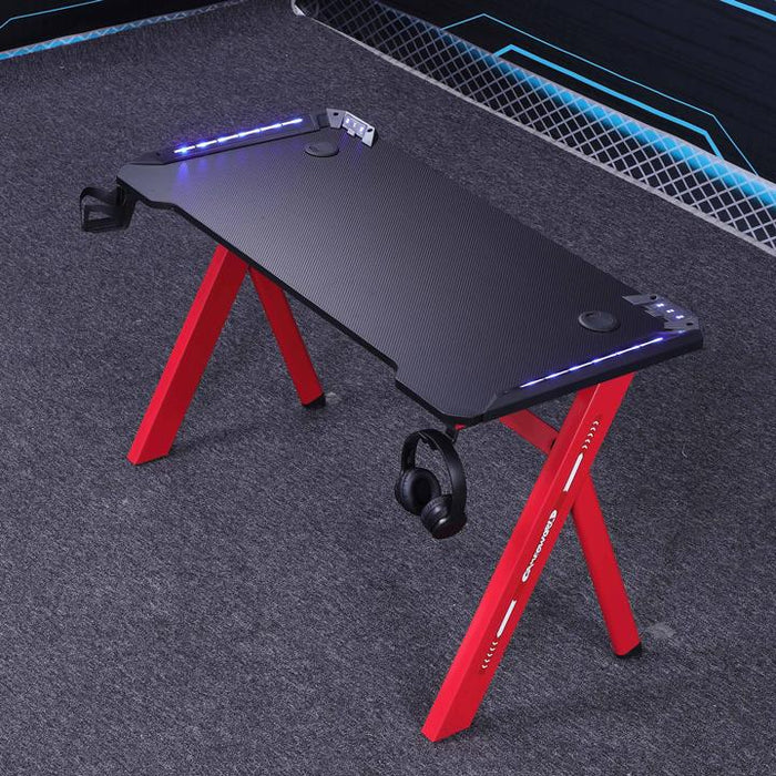 140cm RGB Gaming Desk Home Office Carbon Fiber Led Lights Game Racer Computer PC Table Y-Shaped Red