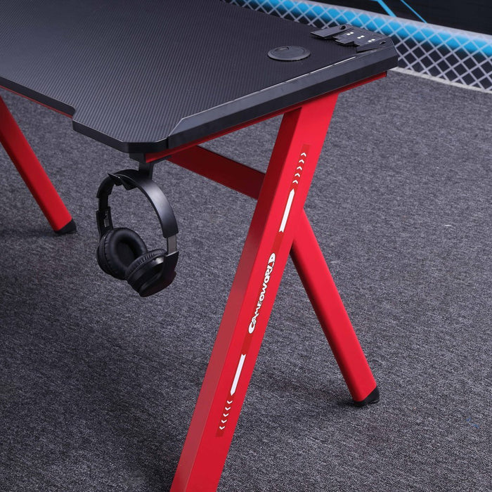 140cm RGB Gaming Desk Home Office Carbon Fiber Led Lights Game Racer Computer PC Table Y-Shaped Red