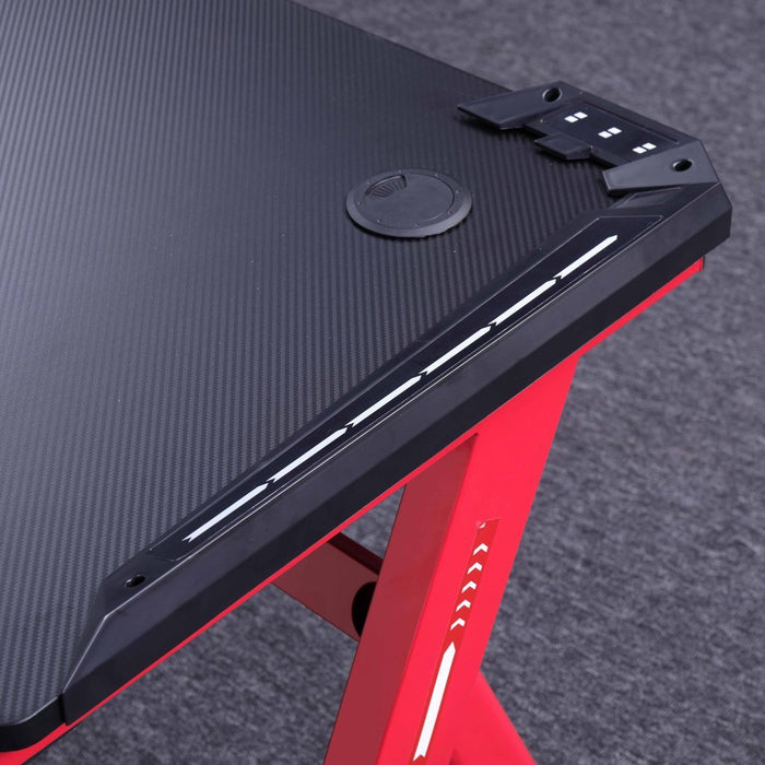 140cm RGB Gaming Desk Home Office Carbon Fiber Led Lights Game Racer Computer PC Table Y-Shaped Red