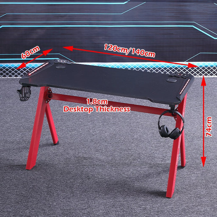 140cm RGB Gaming Desk Home Office Carbon Fiber Led Lights Game Racer Computer PC Table Y-Shaped Red